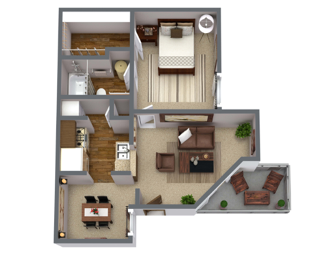 Floor plan for 1 bed, 1 bath, 587 sqft
